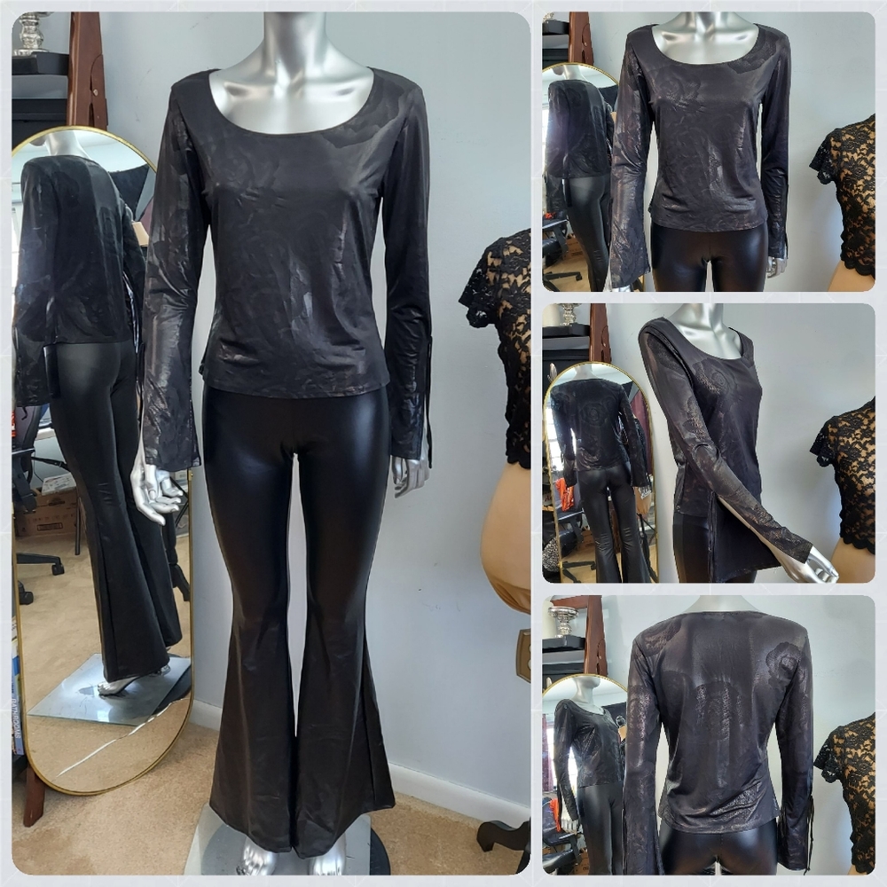 Black Wet Look Long Sleeve Top, LunaChix, Sz  L